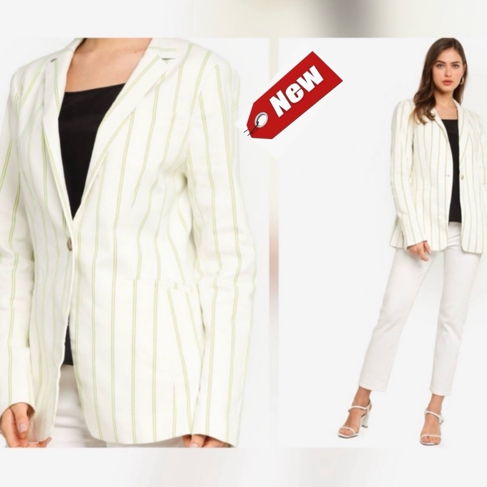 Banana Republic LONG & LEAN-FIT IVORY NEON LIME GREEN STRIPE BLAZER Sz 4 NWT